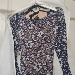 Xscape Navy and Nude Floral Lace Dress